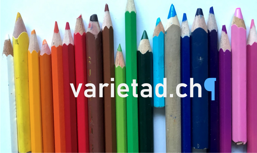 Logo Sandra Kamm Jehli
Buntstifte in verschiedenen Farben im Hintergrund, mittig zentriert schriftzug "varietad.ch"
